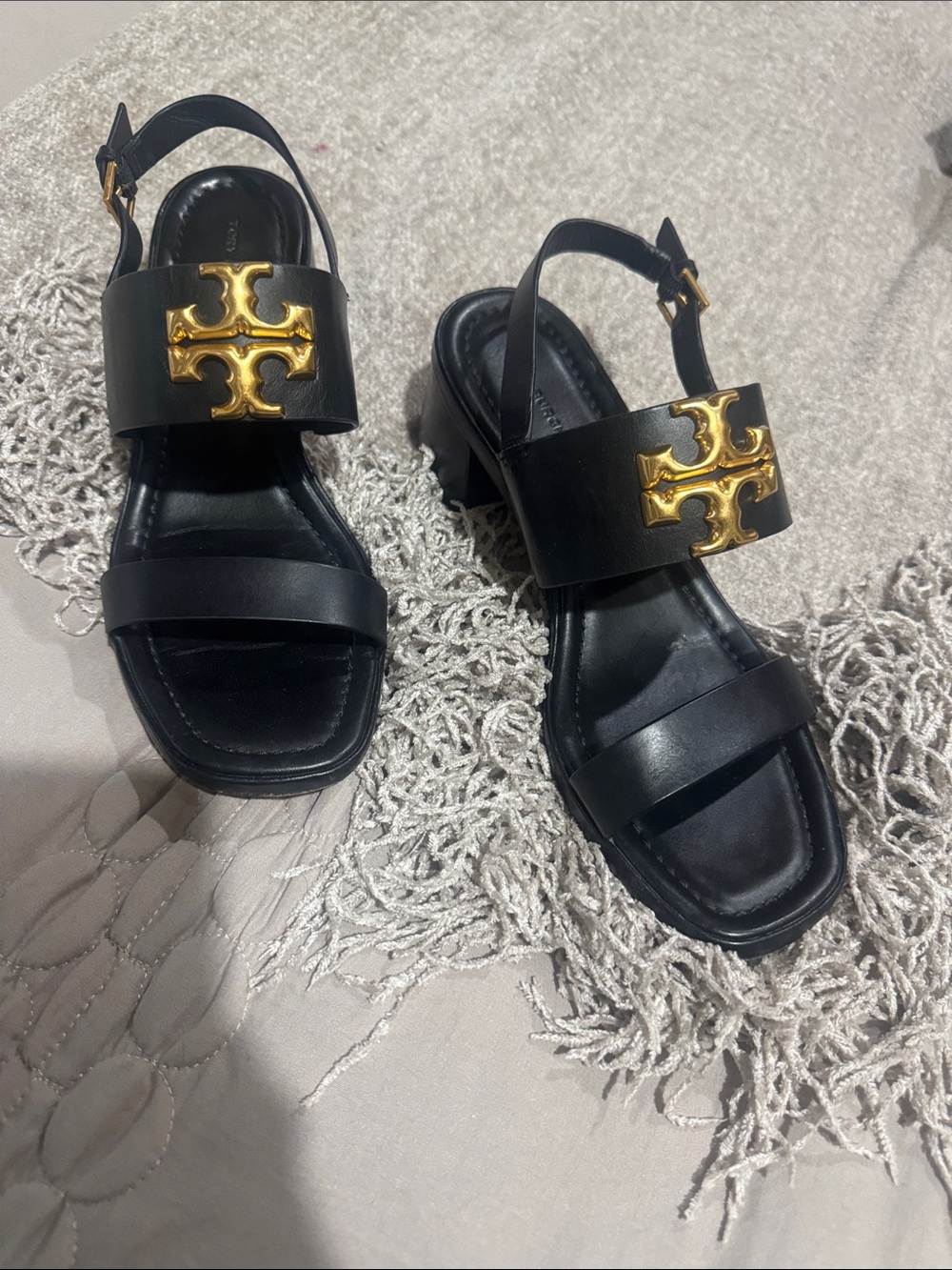 Tory Burch Black Leather Block Heel Sandals with Gold Logo Accent